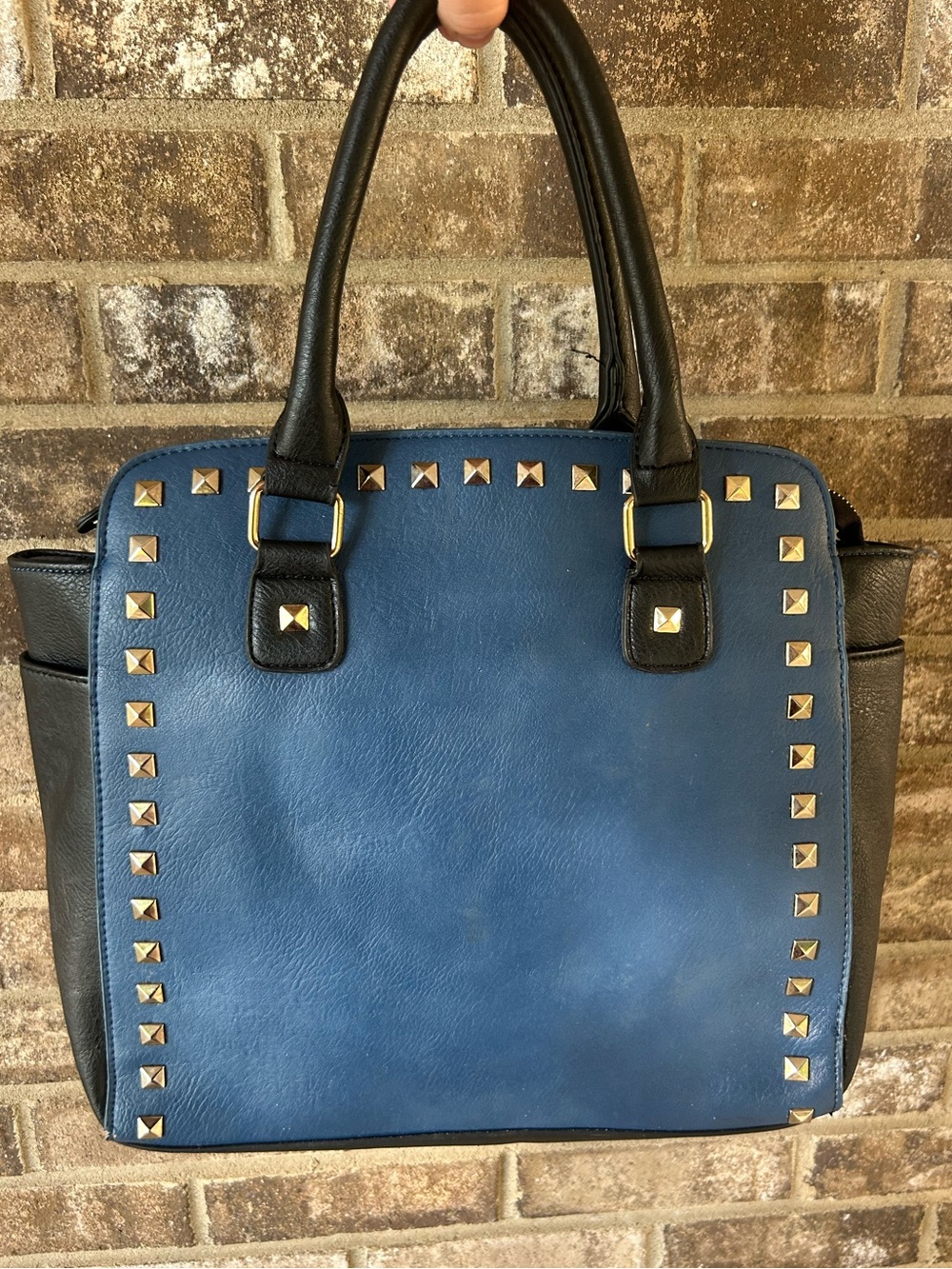 Black Rivet Blue Black Studded Satchel Handbag Gold Tone Shoulder Bag